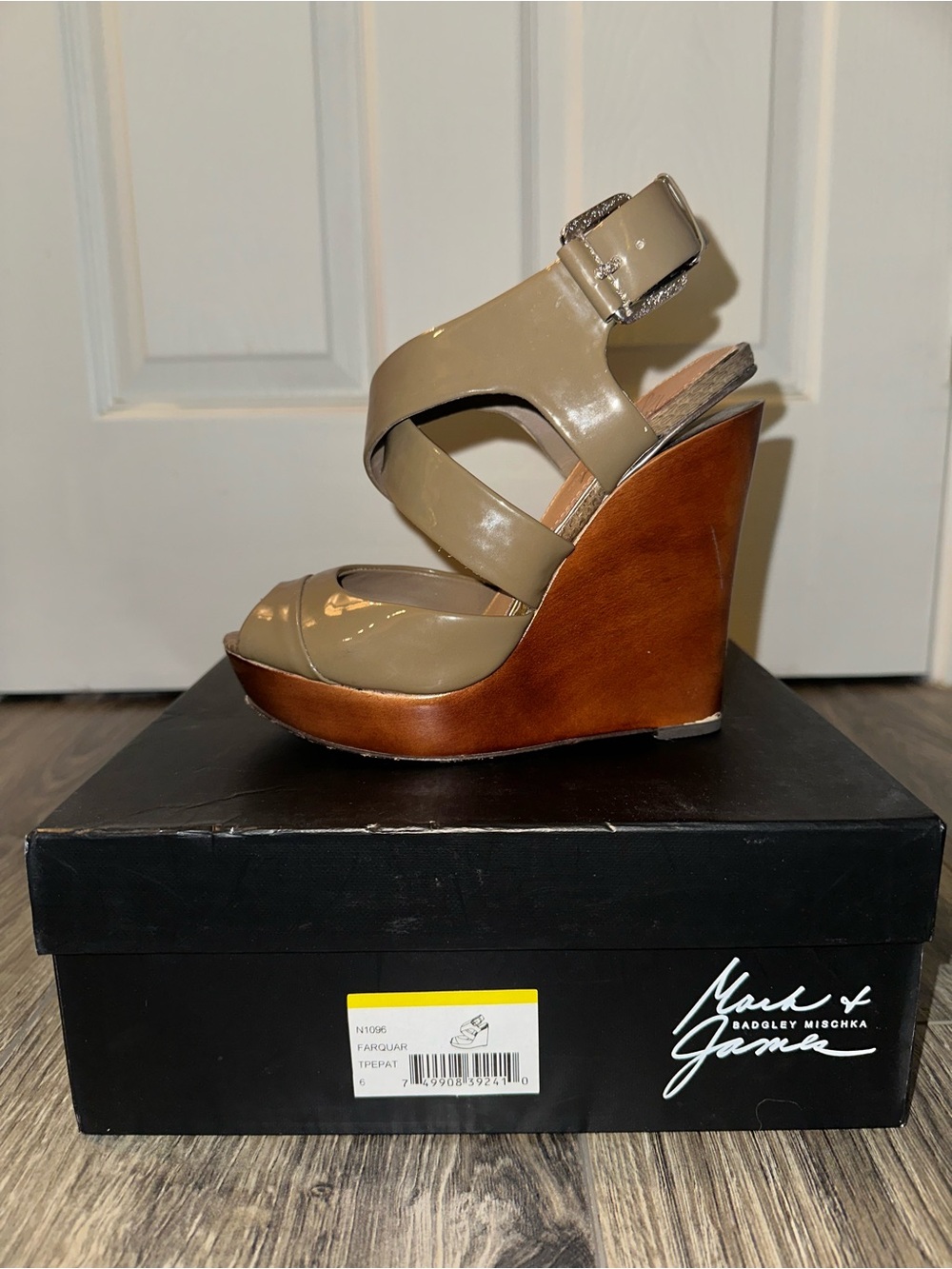 Mark and James Badgley Mischka Taupe Patent Leather Wedge Sandals